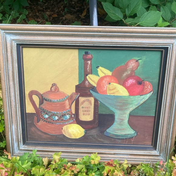 Vintage Still Life Painting with Fruit and Pottery